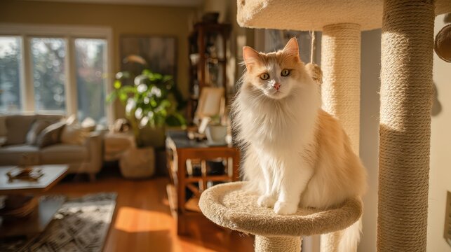 Playful feline on a multi-level cat tree amid warm home decor - Powered by Adobe