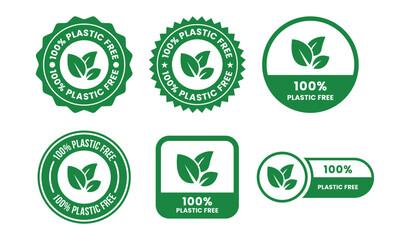 100 Percent Plastic Free Label and Icon Set with Zero Waste, Eco Friendly and Sustainable Packaging Badges in Black Line Flat Vector Style Isolated on White Background