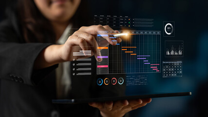 A project management dashboard for business. The interface features a Gantt chart to visualize the project timeline, task scheduling, and overall progress for efficient workflow. Fermion