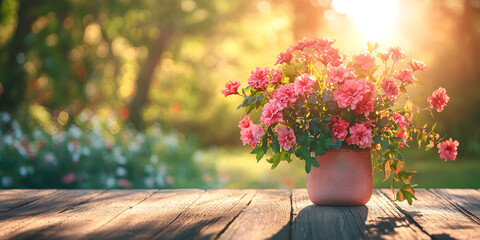 Blooming Pink Flowers in Pot on Sunlit Garden Table