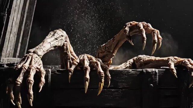 Creepy skeletal hand claw emerging from old wood crate with eerie horror dust spotlighted rustic