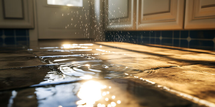 Water Leak on Kitchen Floor with Sunlight Reflection