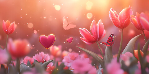 Romantic Tulip Flowers With Floating Hearts in Soft Light