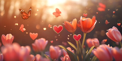 Romantic Tulip Flowers With Floating Hearts in Soft Light