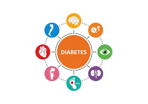 Diabetes complications infographic diagram showing the effects of diabetes on different organs and body parts like brain eyes kidneys feet heart and nerves isolated on transparent background