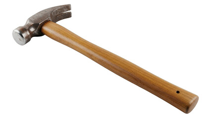 Traditional carpenter claw hammer with wooden handle isolated on transparent background closeup view