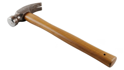Traditional carpenter claw hammer with wooden handle isolated on transparent background closeup view