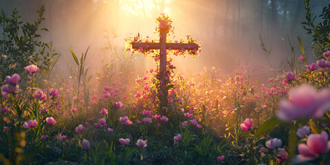 Illuminated Wooden Cross in Blooming Meadow at Sunrise