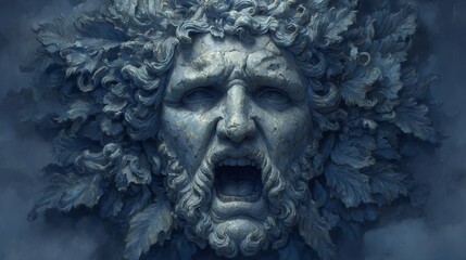 Obraz premium Ancient anguish: A stone statue of a man screaming, adorned with leafy details evokes ancient