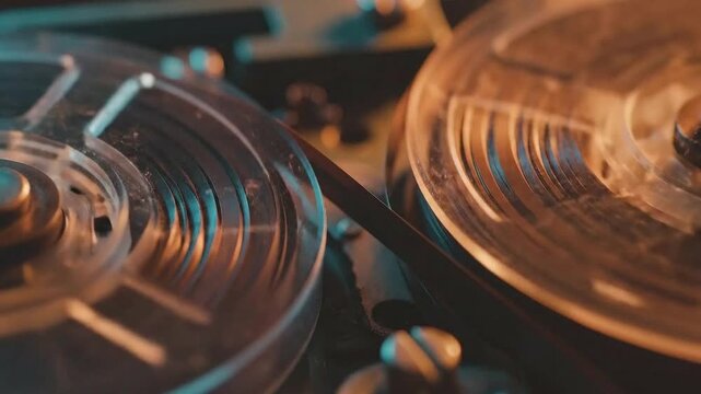 Vintage reel to reel tape recorder with spools and magnetic tape