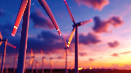 Wind turbines with red aviation lights beneath a star-filled sky indicating renewable energy