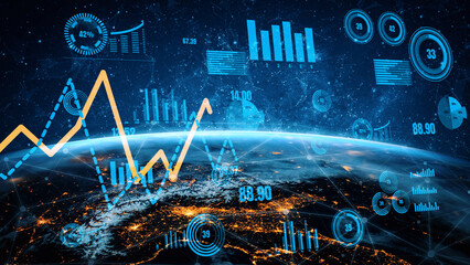 This image showcases a futuristic concept of data analytics over a view of the globe, featuring charts, graphs, and digital elements that illustrate global trends and statistics. Xenic