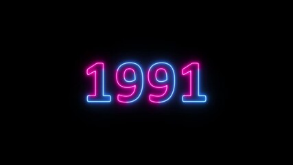 Glowing neon 1991 year text looped animation on black background. Abstract 1991 neon text animation, Blue and pink text concept of counting years.