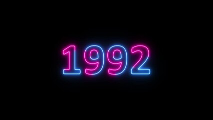 Glowing neon 1992 year text looped animation on black background. Abstract 1992 neon text animation, Blue and pink text concept of counting years.