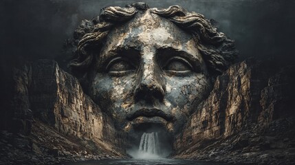 Ancient stone face with waterfall, mysterious landscape and stunning design