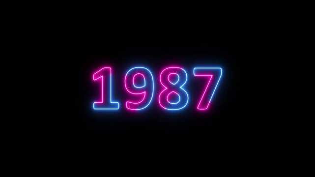 Glowing neon 1987 year text looped animation on black background. Abstract 1987 neon text animation, Blue and pink text concept of counting years.