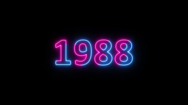 Glowing neon 1988 year text looped animation on black background. Abstract 1988 neon text animation, Blue and pink text concept of counting years.