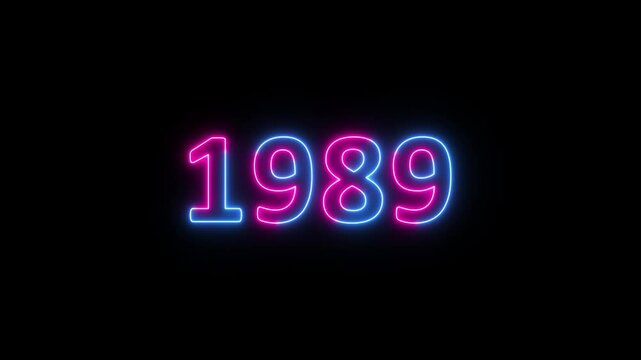 Glowing neon 1989 year text looped animation on black background. Abstract 1989 neon text animation, Blue and pink text concept of counting years.