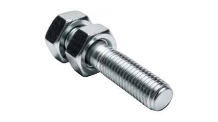 Industrial metal fastener threaded bolt with two hex nuts isolated on clean transparent background closeup view