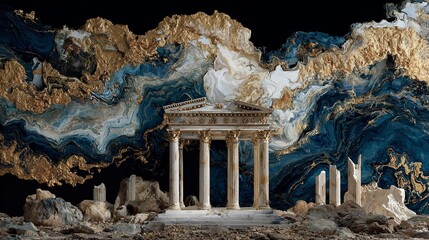 Ancient Temple Ruins with Abstract Gold and Blue Marble Background in Dramatic Lighting and