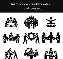Teamwork and Collaboration solid icon set. Contains symbols for business partnership