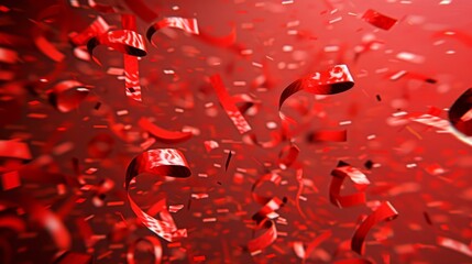 Festive abstract red confetti background with glossy ribbons and soft bokeh for holiday celebrations