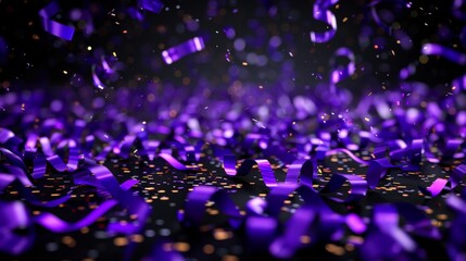 Abstract purple confetti background with shimmering strips, sparkly ribbons, and soft light