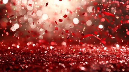 Festive abstract red confetti background with glossy ribbons and soft lighting for holiday themes