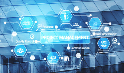 This image showcases a futuristic project management concept with digital icons and a cityscape background, symbolizing effective risk assessment and communication strategies. Tessel