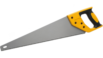 Large hand saw with yellow and black handle for woodworking and carpentry tasks isolated