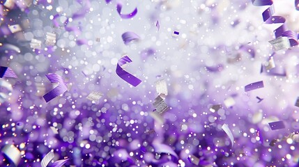 Abstract purple confetti background with shimmering strips and sparkly ribbons for festive vibes