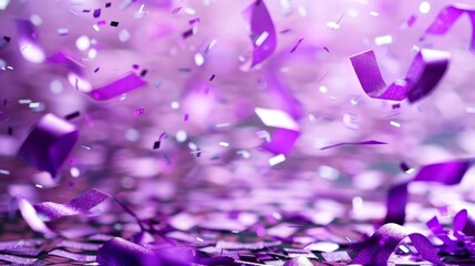 Dreamy abstract purple confetti background with shimmering strips and sparkly ribbon particles