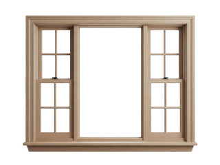 Traditional wooden three panel window frame with realistic glass reflection on transparent grid