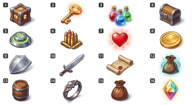 Numbered adventure game interface icons set with weapons tools health items and inventory equipment