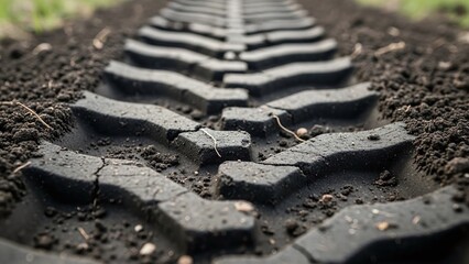 deep tractor tire track in dark fertile soil close up for agribusiness websites, farming articles, environmental reports and industrial presentations on bokeh background