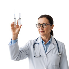 A confident female doctor in a white coat holds two vaccine vials, symbolizing medical expertise, public health, and preventive care. Her calm demeanor inspires trust as she promotes immunization, wel
