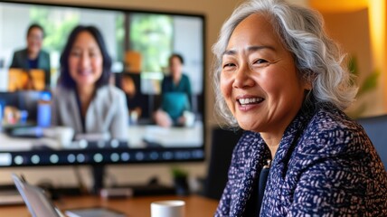 Older Asian woman participating in a virtual board call, reflecting digital inclusion and leadership parity