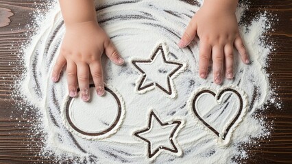 toddler hands drawing heart and star shapes in white flour on dark wooden table, top-down shot for culinary blogs, bakery websites, kids creative education and cooking classes posters