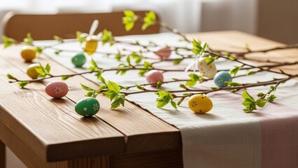 Spring branches with green buds and small painted Easter eggs on a wooden table with a runner against a blurred window background, suitable for home decor blogs and holiday greeting cards