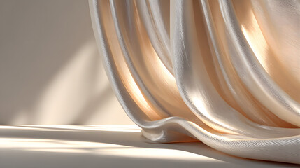 Minimalistic abstract gentle light beige background for product presentation with light and shadow of window curtains on wall : Generative AI