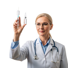 A confident female doctor in a white coat holds two vaccine vials, symbolizing medical expertise, public health, and preventive care. Her calm demeanor inspires trust as she promotes immunization, wel