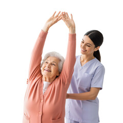 A smiling senior woman performs gentle resistance exercises with a caring male therapist using a colorful stretch band, highlighting compassionate physical therapy, active aging, rehabilitation suppor