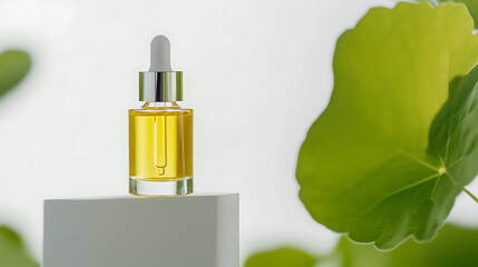 A bottle of oil serum on a white pedestal, showcasing a natural, organic essence. The golden liquid hints at rejuvenation, set against vibrant greenery for a touch of nature.