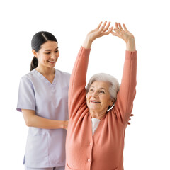A smiling senior woman performs gentle resistance exercises with a caring male therapist using a colorful stretch band, highlighting compassionate physical therapy, active aging, rehabilitation suppor