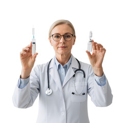 A confident female doctor in a white coat holds two vaccine vials, symbolizing medical expertise, public health, and preventive care. Her calm demeanor inspires trust as she promotes immunization, wel