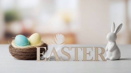 Wooden "Easter" sign with a ceramic rabbit and eggs in a nest on a blurred background, perfect for festive home decor, greeting cards, social media posts, and store banners, with space for text