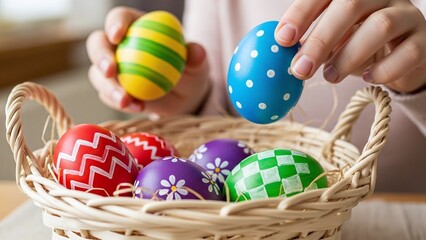 woman&rsquo;s hands placing brightly painted easter eggs with geometric and floral patterns into a wicker basket, for family blogs, lifestyle websites, greeting cards, and holiday event promotion