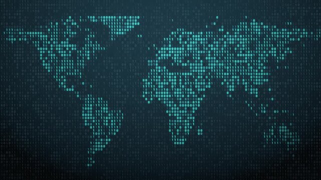 Cybersecurity Global Binary World Map dark background with blue glow seamless loop 3D animation for AI network security, big data connectivity, and cloud computing system architecture visuals