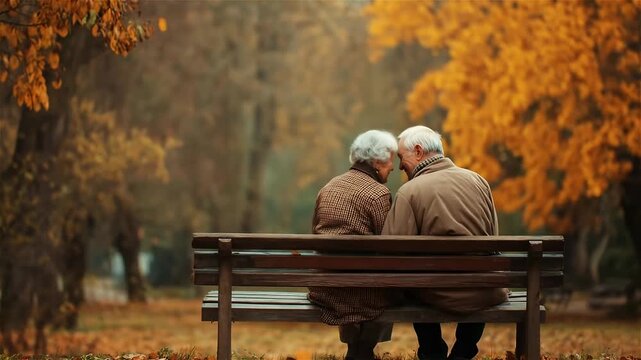Romantic autumn moments shared by an elderly couple nestled on a bench surrounded by golden leaves