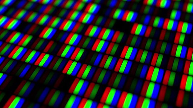 RGB LED Pixel Screen Macro Grid 3D animation for semiconductor industry presentations, digital display hardware technology, and high-resolution 4K broadcast backgrounds